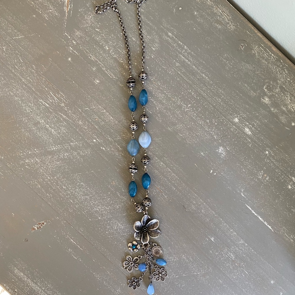 Silver Plated Vintage Long Necklace Floral Charm Blue Stones NEW